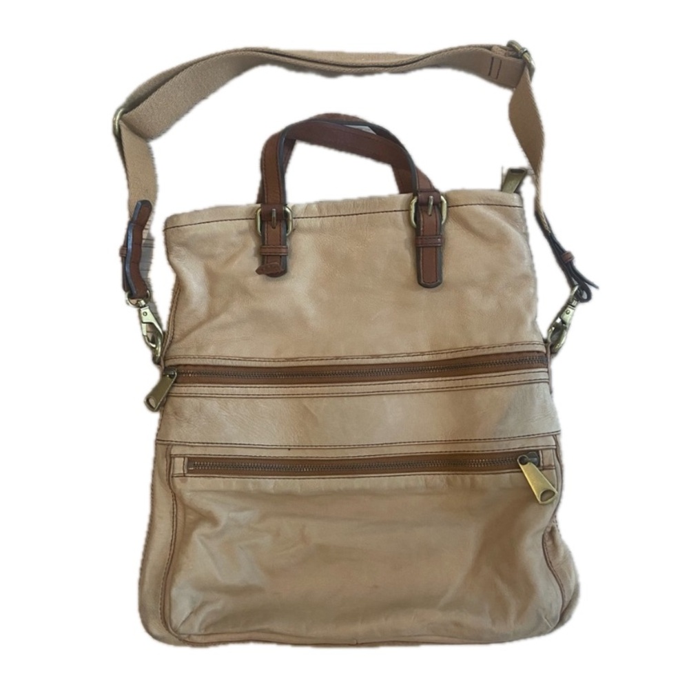 Fossil Tan Leather Crossbody Bag Large Slouchy Foldover Adjustable Strap